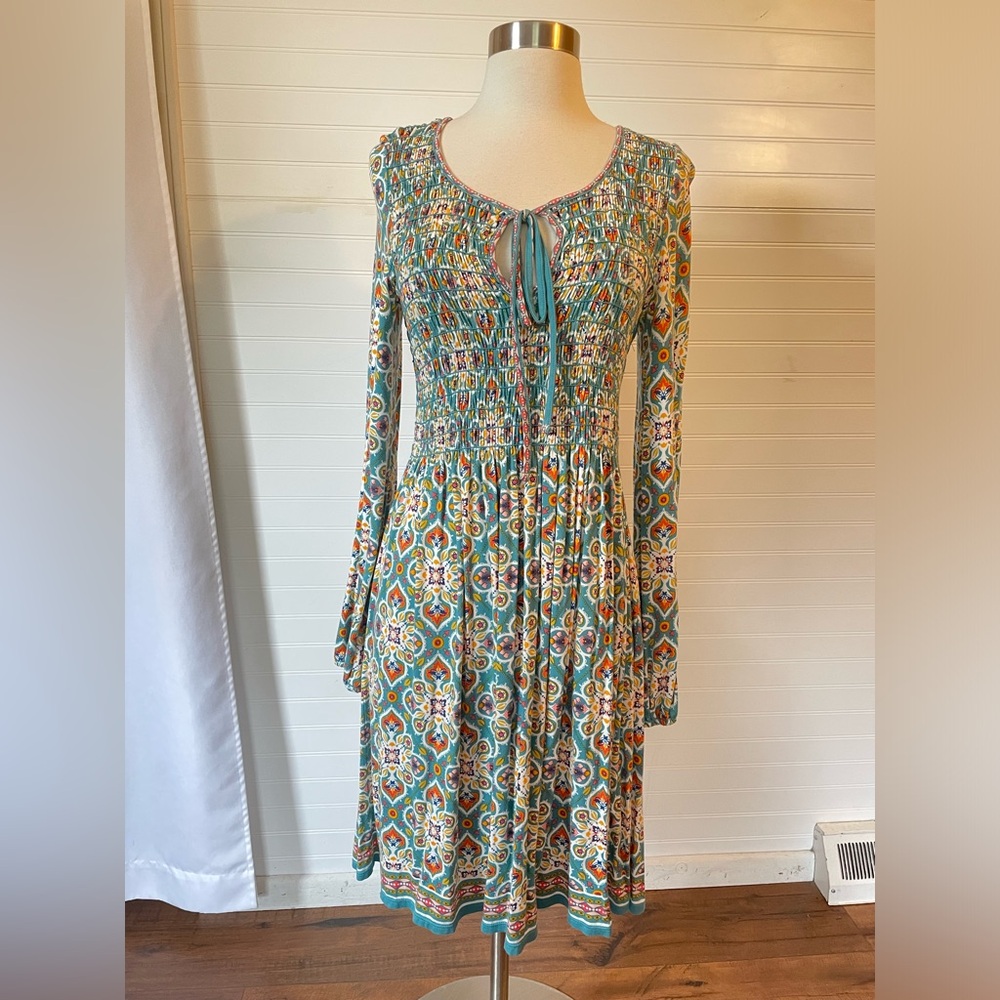 Chelsea and Violet Bohemian Turquoise Multicolor Print Smocked Dress Size M